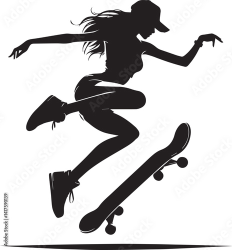 woman clipart silhouette vector, woman on a skateboard, woman on a skateboard illustration
