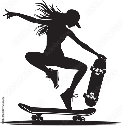 woman clipart silhouette vector, woman on a skateboard, woman on a skateboard illustration