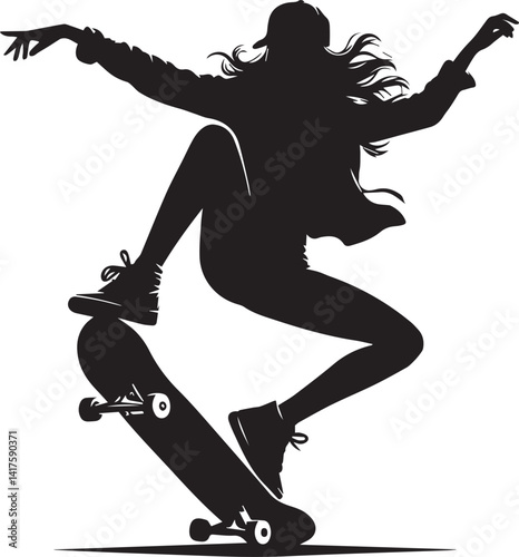woman clipart silhouette vector, woman on a skateboard, woman on a skateboard illustration