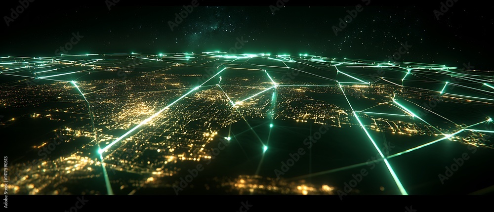 Fototapeta premium Digital connections illuminate urban landscapes at night futuristic visuals technology aerial view