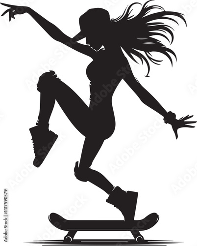 woman clipart silhouette vector, woman on a skateboard, woman on a skateboard illustration