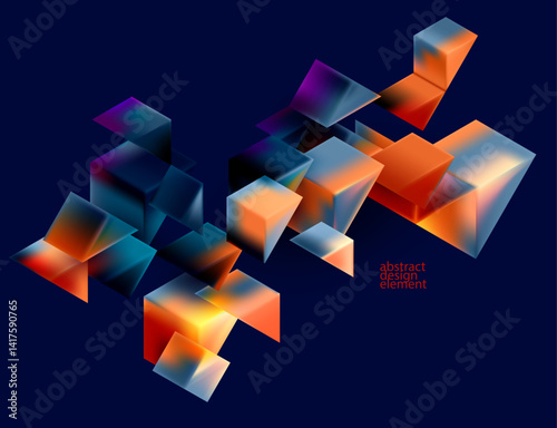 Multicolored 3D triangles. Glass iridescent geometric shape. Abstract vector composition