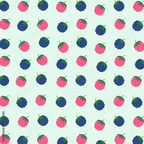 This vibrant pattern features a fun and delicious pattern with raspberries and blackberries on a soft green background. The berries are depicted in a variety of colors, creating a lively and inviting