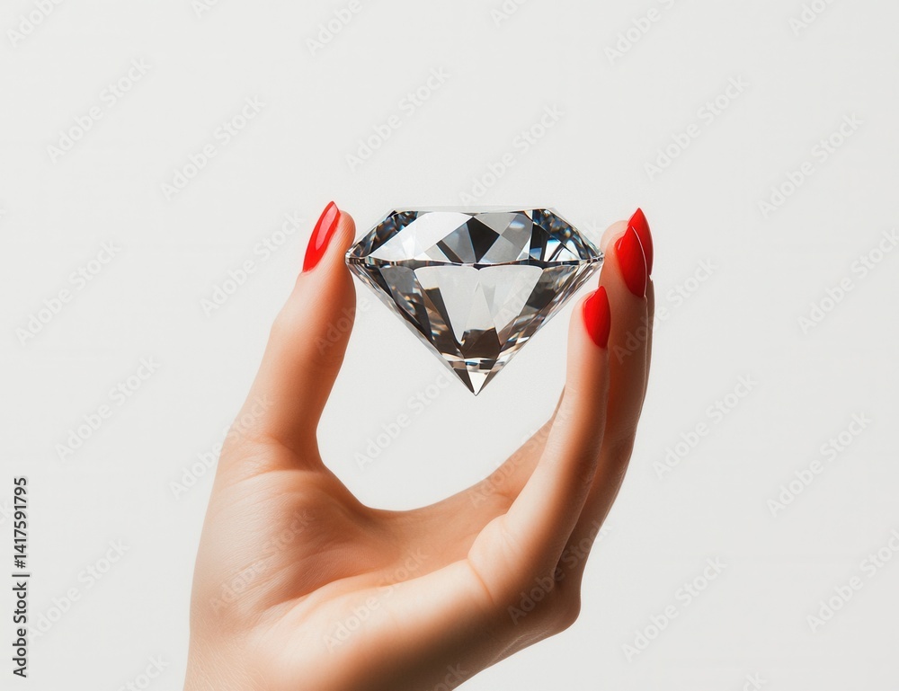 Fototapeta premium Hand Holding Sparkling Diamond with Red Nail Polish and Bright Light
