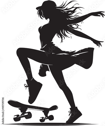 woman clipart silhouette vector, woman on a skateboard, woman on a skateboard illustration