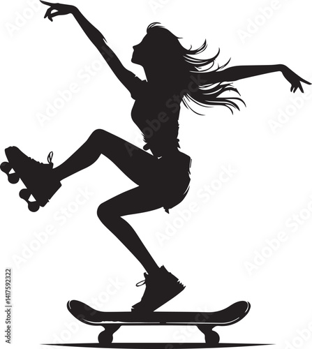 woman clipart silhouette vector, woman on a skateboard, woman on a skateboard illustration