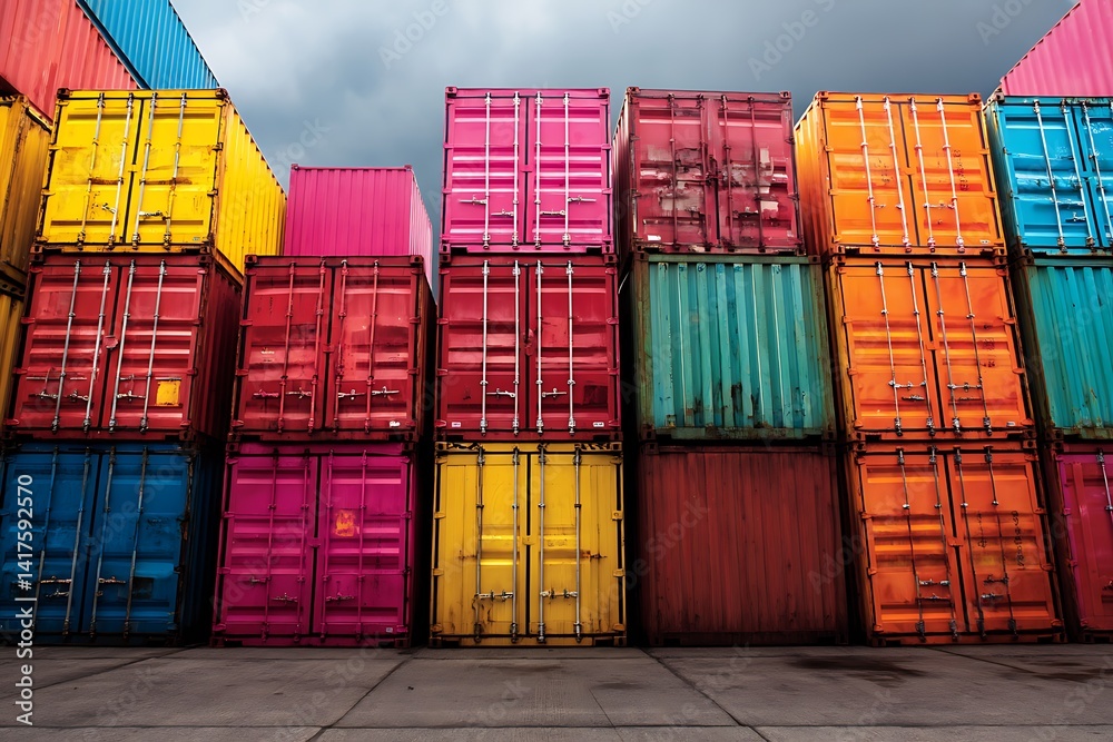 Fototapeta premium Bright cargo containers symbolizing trade and import tariff influences 