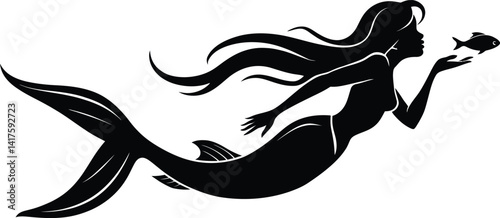Elegant Mermaid Silhouette in Motion with Fish