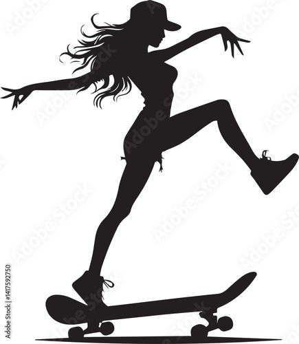 woman clipart silhouette vector, woman on a skateboard, woman on a skateboard illustration