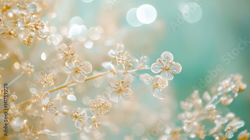 Dreamy floral abstract featuring delicate blossoms and bokeh lights background
