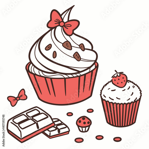 Coquette cupcake decorated with whipped cream, cute red bow. Sweet muffin in red paper cup. Baked dessert, sugar snack, small cakes. Flat vector clipart