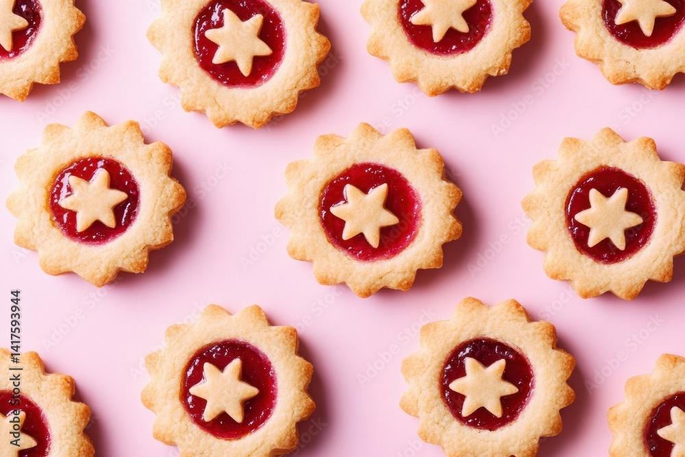Star-shaped jam biscuits on pink background with repeated pattern