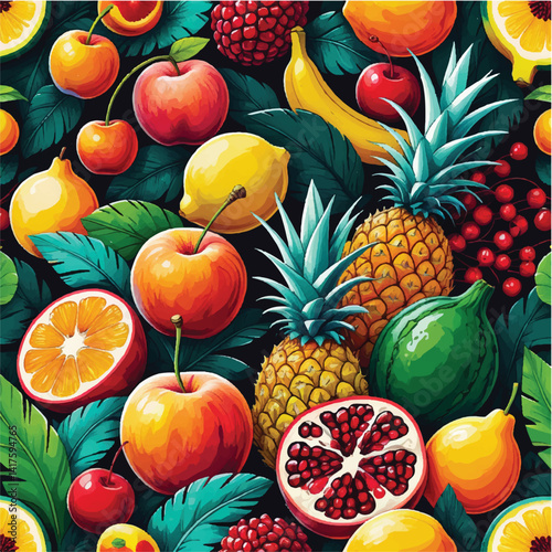 Fresh fruits like apple, orange, and pineapple, alongside healthy vegetables, berries, and citrus like lemon and grape, offer a vibrant and ripe diet