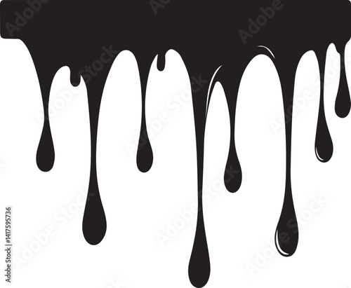 Realistic Black Liquid Drips, Black Dripping Paint Effect on White Background, Glossy Ink or Oil Dripping Design Element, Dark Paint Drips Flowing Down Isolated on Transparent Background, Vector Desig