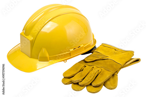 Yellow hard hat and gloves for construction safety gear