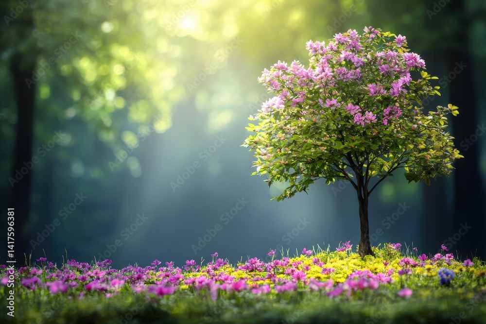 Obraz premium Beautiful Tree Surrounded by Vibrant Flowers in Serene Forest Setting