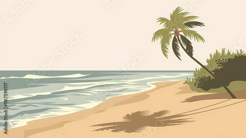 A serene beach with a palm tree casting a shadow on the sand, offering a tranquil view of the sea and sky