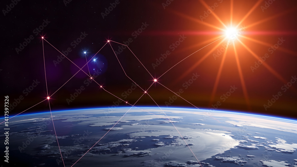 Blue planet Earth glows in the dark space near the bright sun, its clouds a soft contrast against the starry night sky