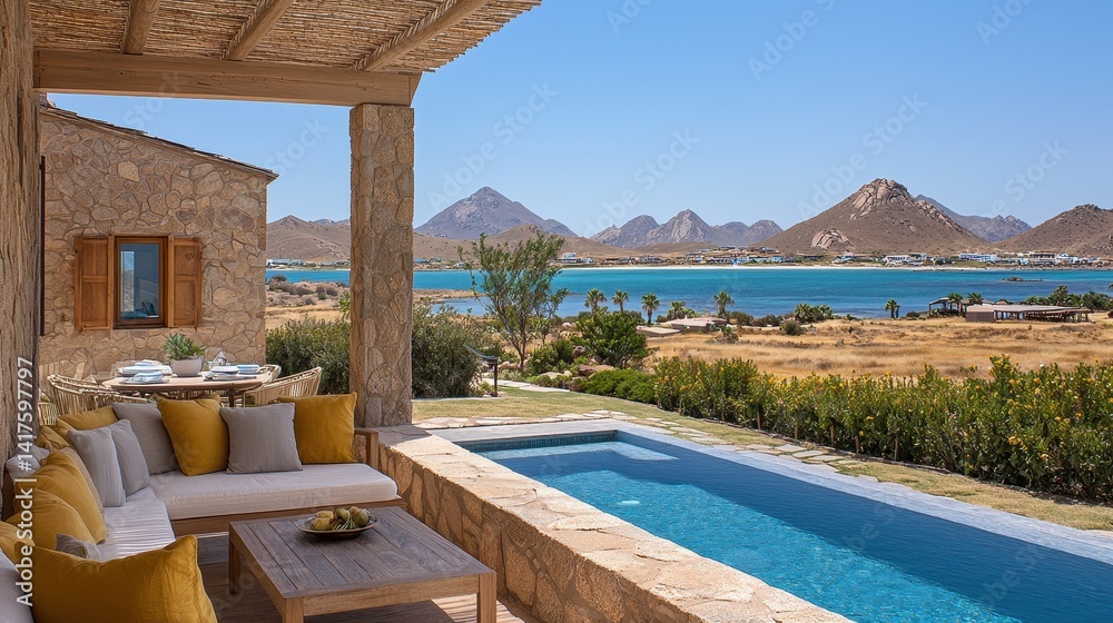 Fototapeta premium Serene Villa View Overlooking Calm Waters and Majestic Mountains