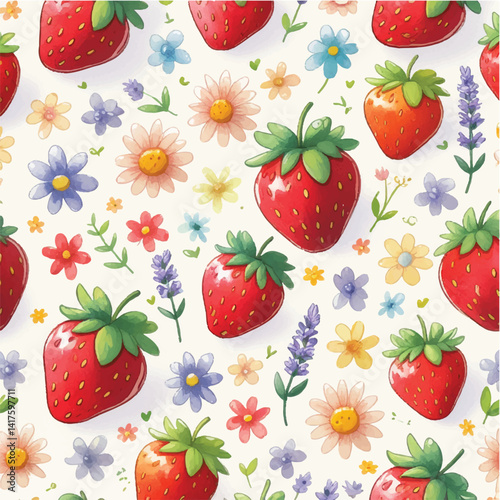 This is a sweet red strawberry fruit seamless pattern with green leaves, a fresh vector illustration perfect for a summer berry food background