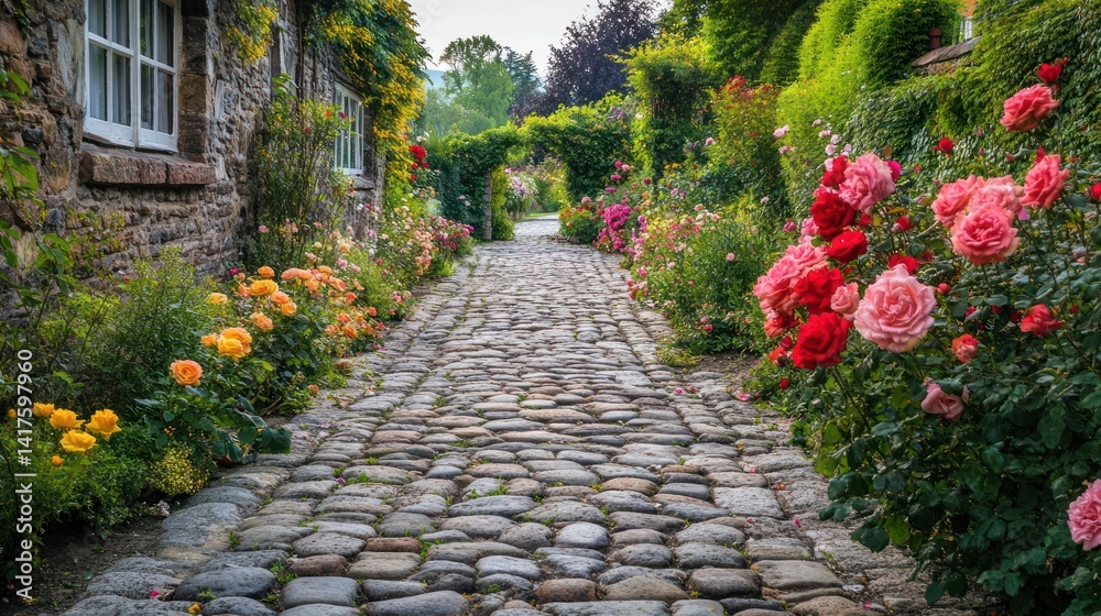 Obraz premium Cobblestone Path Through a Blooming Rose Garden
