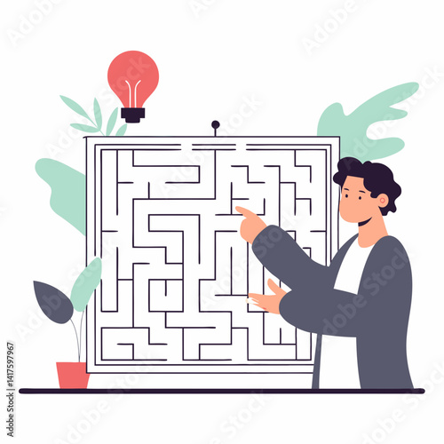 Person pointing geometric maze with light bulb above, surrounded by plants, conveying sense of creativity and problem solving. Isolate on white background, commercial use