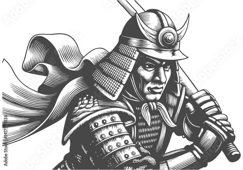 Black and white woodcut-style illustration of a samurai warrior in dynamic pose with detailed armor, helmet crest, and flowing fabric

