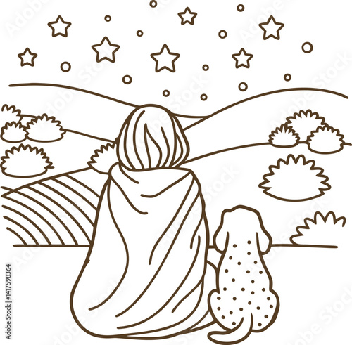 Person and dog stargazing in peaceful landscape under starry night