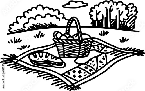picnic scene with basket and food on blanket in a park setting, simple black and white art