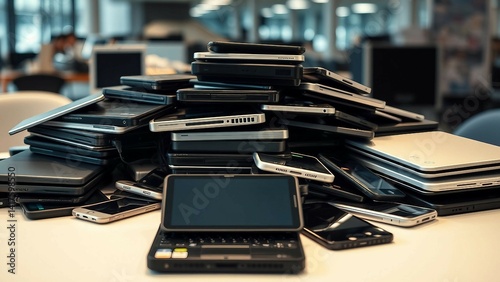 Pile of old used laptop computers digital tablets smartphones for recycling on white table Planned
