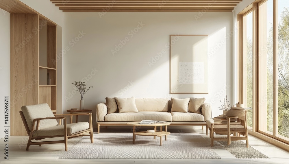 Fototapeta premium Modern minimalist living room, sunlight streaming through large windows, showcasing a peaceful interior design