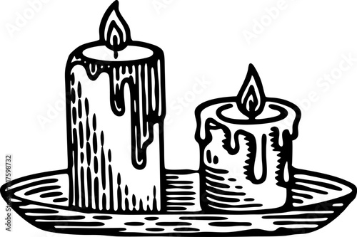 Decorative candles burning on wooden tray hand drawn style, cozy atmosphere illustration