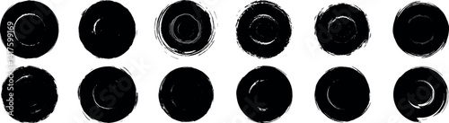 Set of grunge circles brush shape, Vector brush circle.  Black circle frames. Grunge round shape. Round line of black paint. Circular ink brush stroke fro design elements. Vector illustration.
