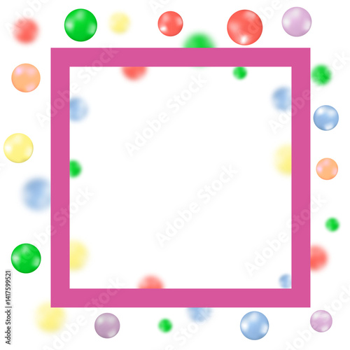 Vector Colorful chocolate candies and pink frame, multicolored glazed chocolate falling isolated on blue background. Falling candied fruit,selective focus.