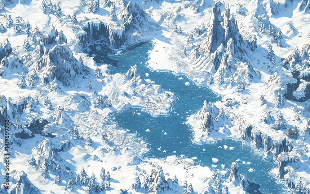 Fototapeta premium ice world fantasy map, arctic terrain with frozen oceans, icy cliffs, snowy mountains and glaciers