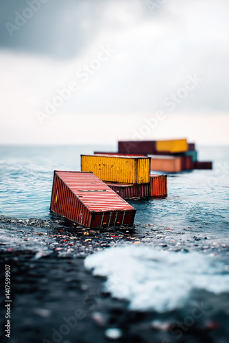 Shipping containers sinking in the ocean representing trade war and economic crisis