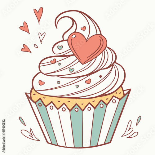 Delicious cupcake with whipped cream and red heart. Vector cartoon illustration of sweet food