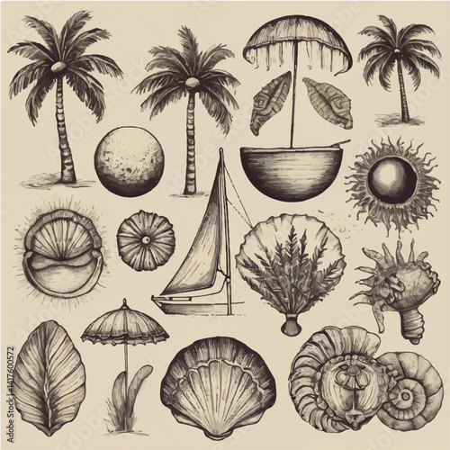 Vector set of tropical beach icons with palm trees, sea, sunset, and vacation elements in a summer paradise landscape