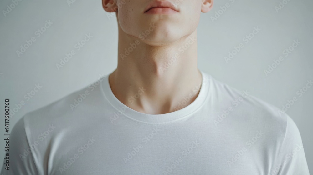 close up of young man in blank white t-shirt