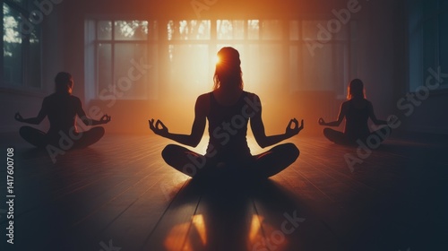 Obraz na płótnie fitness, yoga and healthy lifestyle concept - group of people meditating in lotus pose at studio w salonie