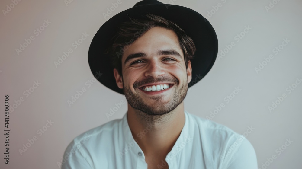 A smiling man with a white shirt and a black hat