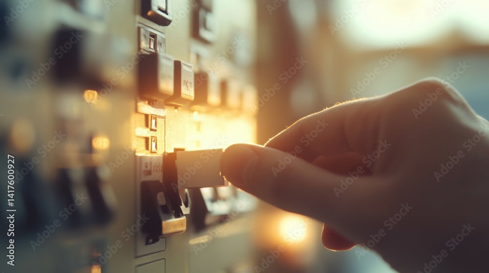 electricity, energy and power consumption concept - close up of hand switching electric board at home