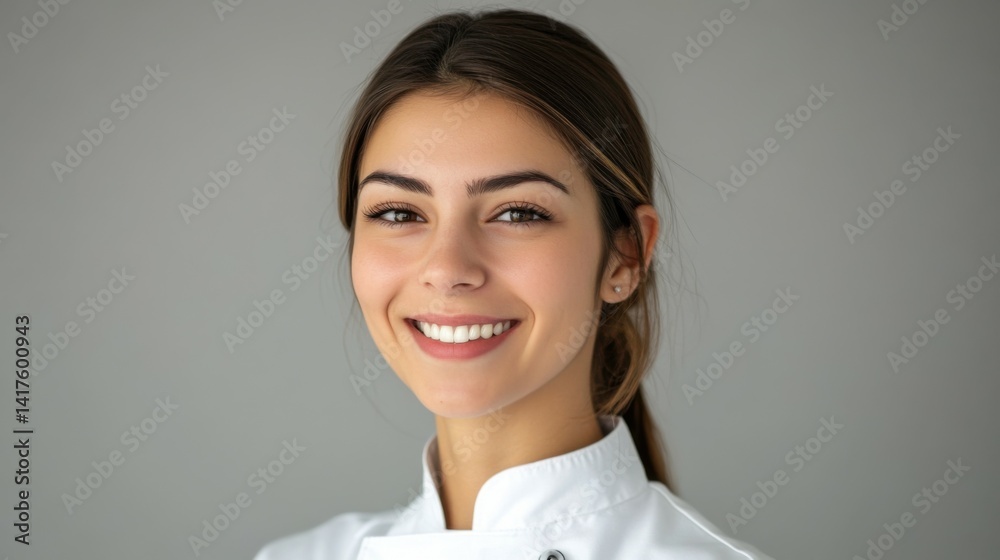 cooking, culinary and people concept - happy smiling female chef in white jacket over grey background