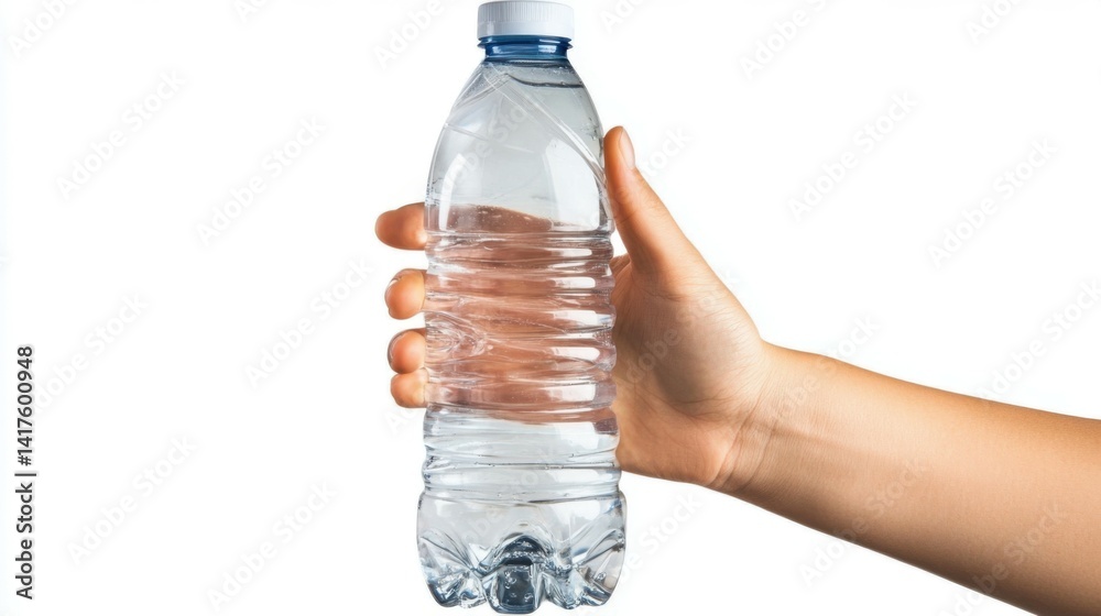 healthy lifestyle and diet concept - hand holding plastic water bottle isolated on white background