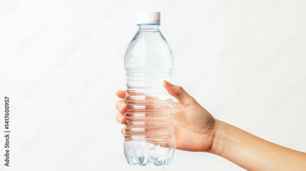 healthy lifestyle and diet concept - hand holding plastic water bottle isolated on white background