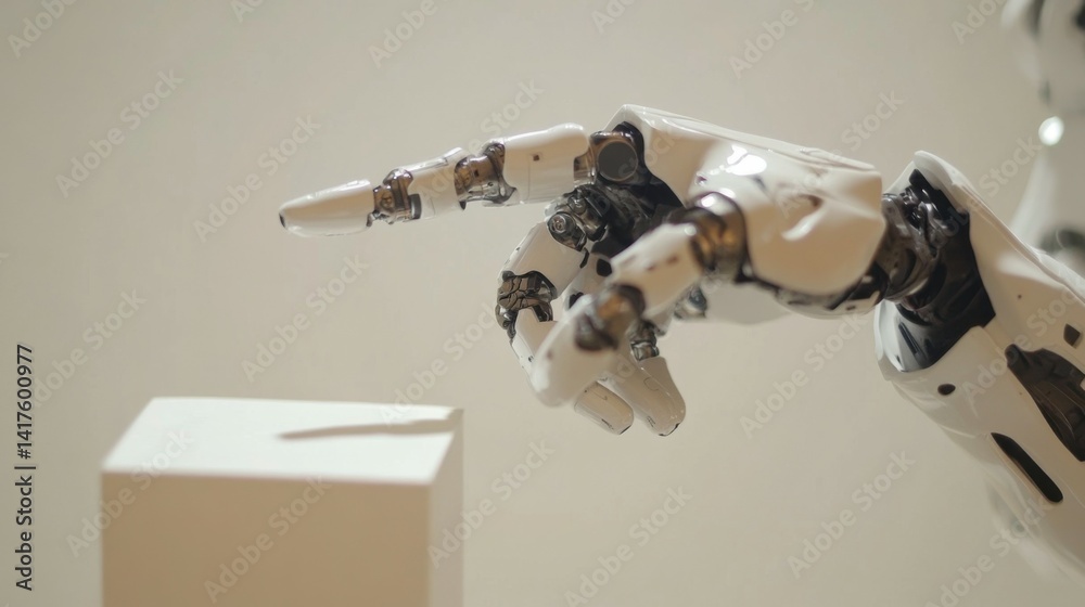 A robot is pointing at a white object with its finger