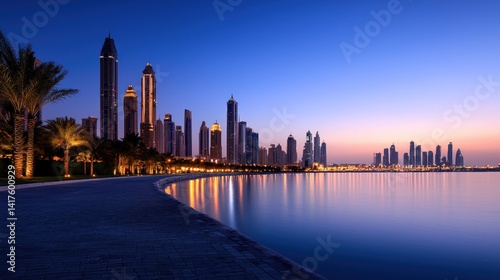 Dubai skyline at dawn, waterfront park, calm water, city lights reflecting