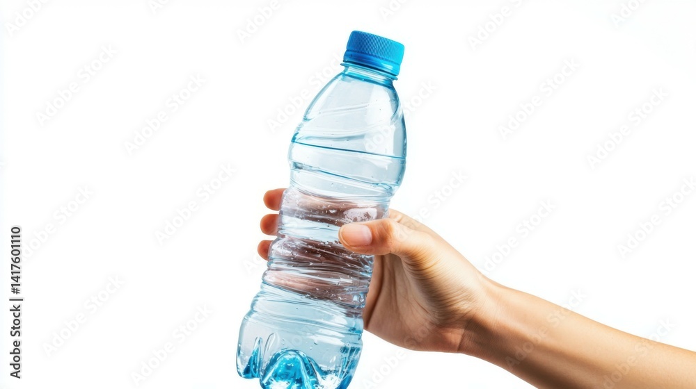 healthy lifestyle and diet concept - hand holding plastic water bottle isolated on white background