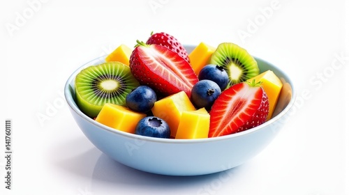 Delicious Mix of Fresh Fruits Including Juicy Strawberries, Plump Blueberries, Sweet Mango, and Tangy Kiwi in a Bowl