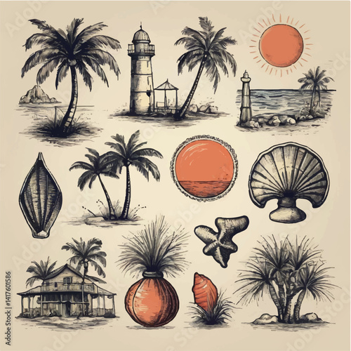 Travel icons set depicts a tropical summer vacation with palm trees, beach, sea, and sunset silhouette, embodying travel and holiday design
